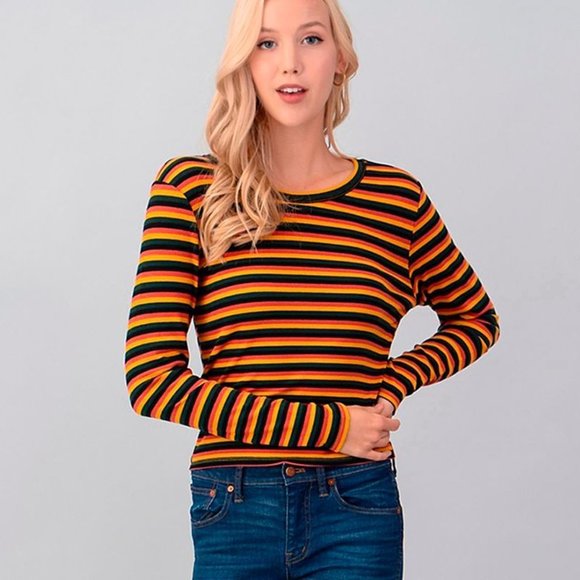 HEART HIPS Retro Horizontal Multi Striped Long Sleeve Top Sz M - Picture 1 of 8